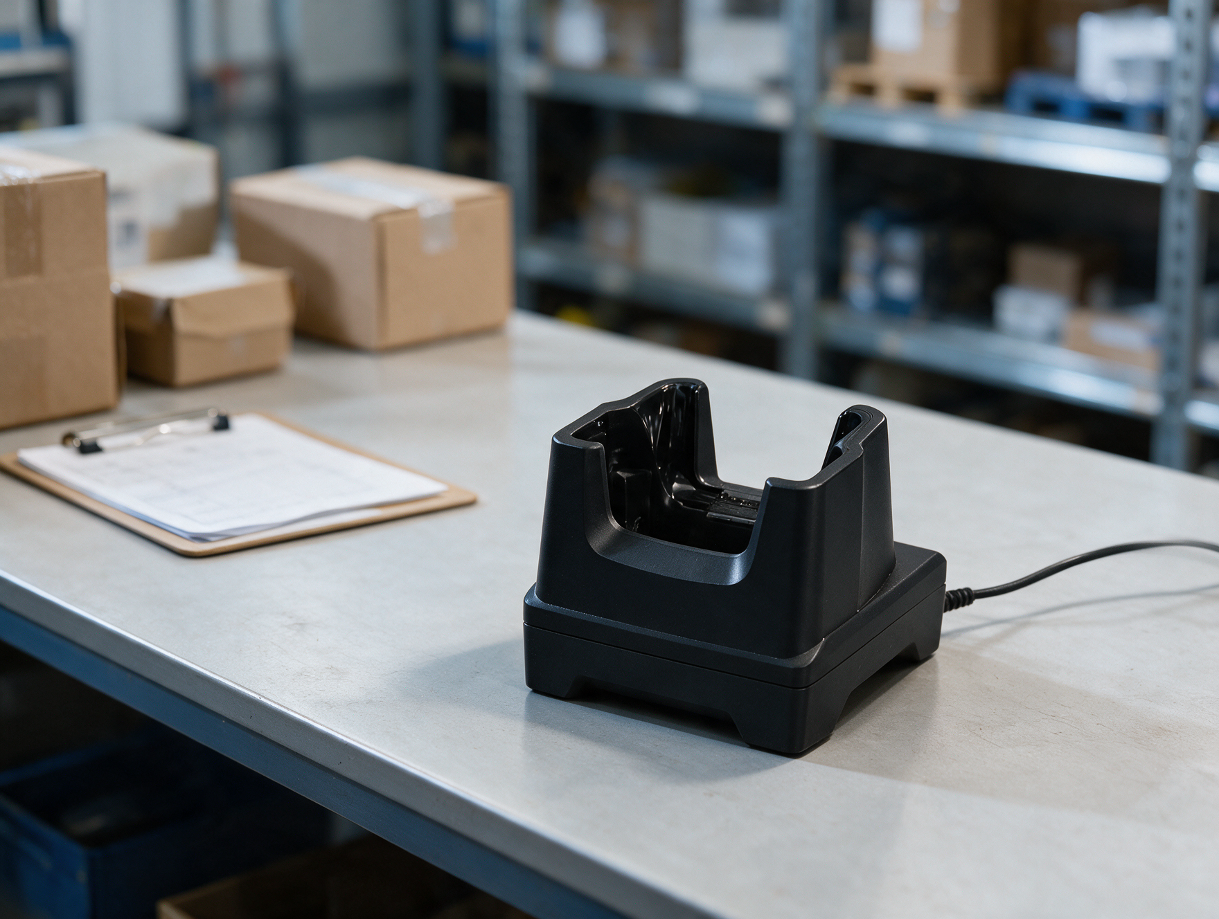 Close-up of the RFD40 docking station cradle and its charging contacts
